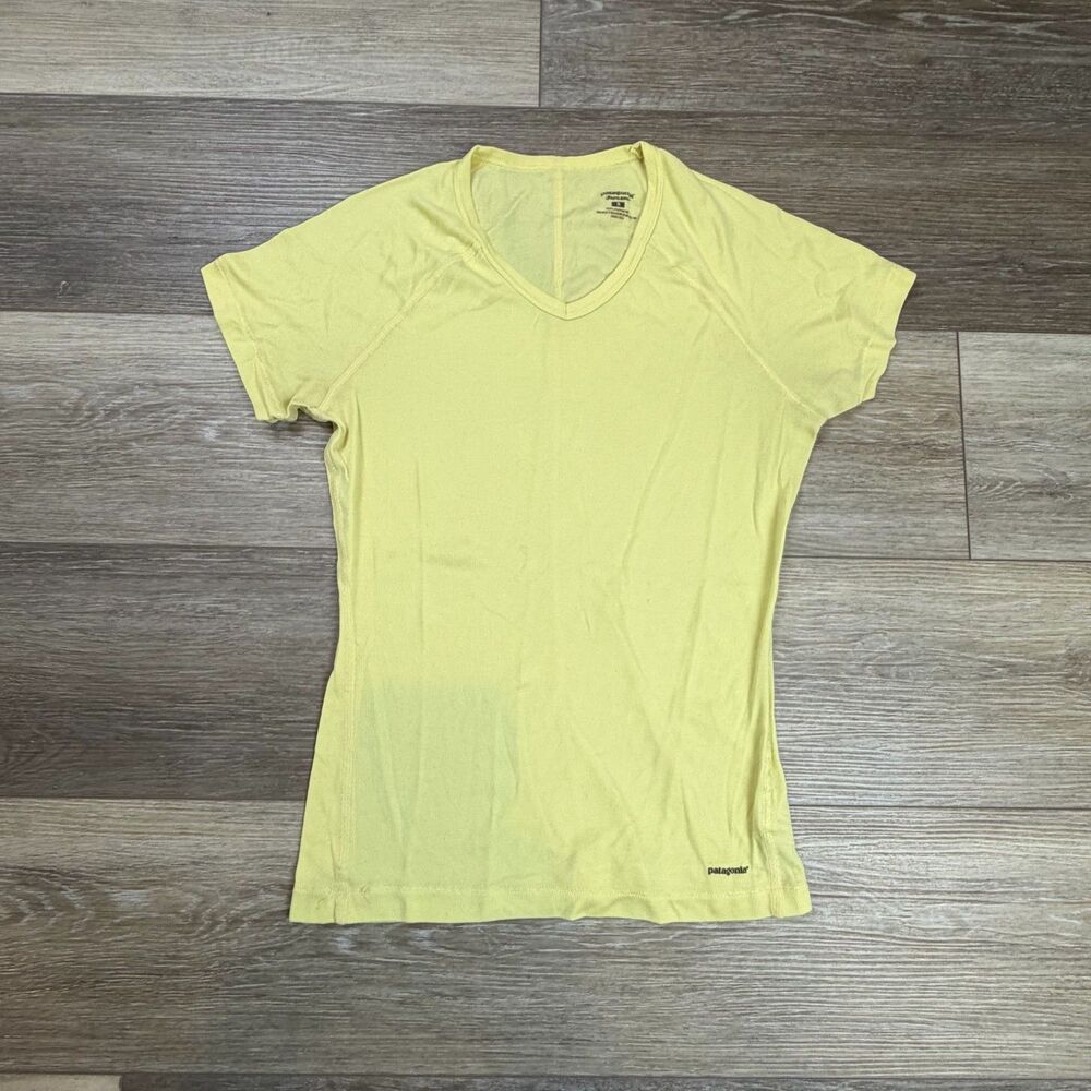 Patagonia Capilene Shirt Womens Size S Yellow Short Sleeve V-Neck Made USA